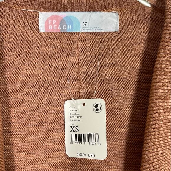 Free People Beach Long Slub Knit Cardigan Sweater XS New Brown Tan Boho Casual - Picture 5 of 6